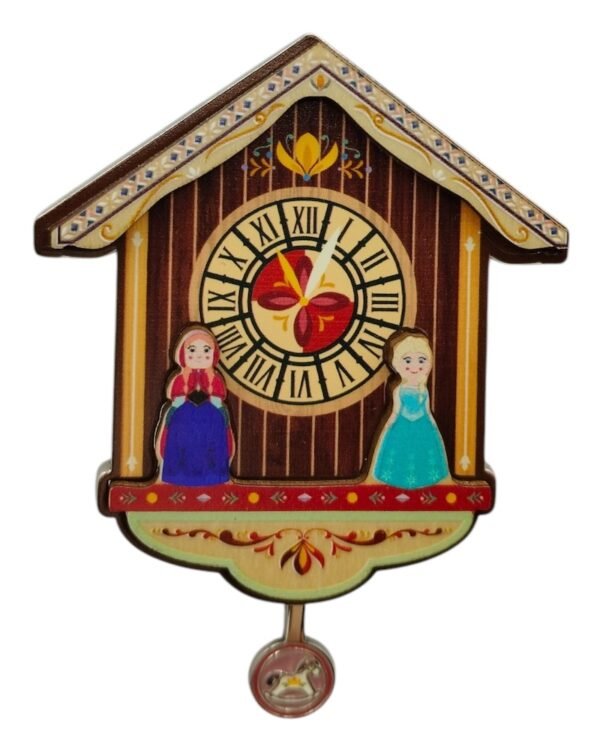 World of Frozen Elsa and Anna Wooden Dolls on Clock Tower Pin